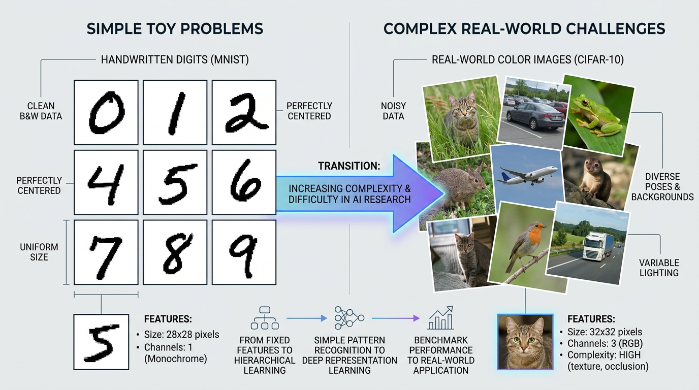 A high-quality educational diagram showing a stark contrast between simple, perfectly centered, black-and-white handwritten digits (like MNIST) on the left side of the graphic, and vibrant, complex, messy real-world color photos of animals and vehicles (like CIFAR-10) on the right side. A glowing arrow represents the transition from simple toy problems to difficult real-world AI challenges. Minimalist academic style, clean vector art.