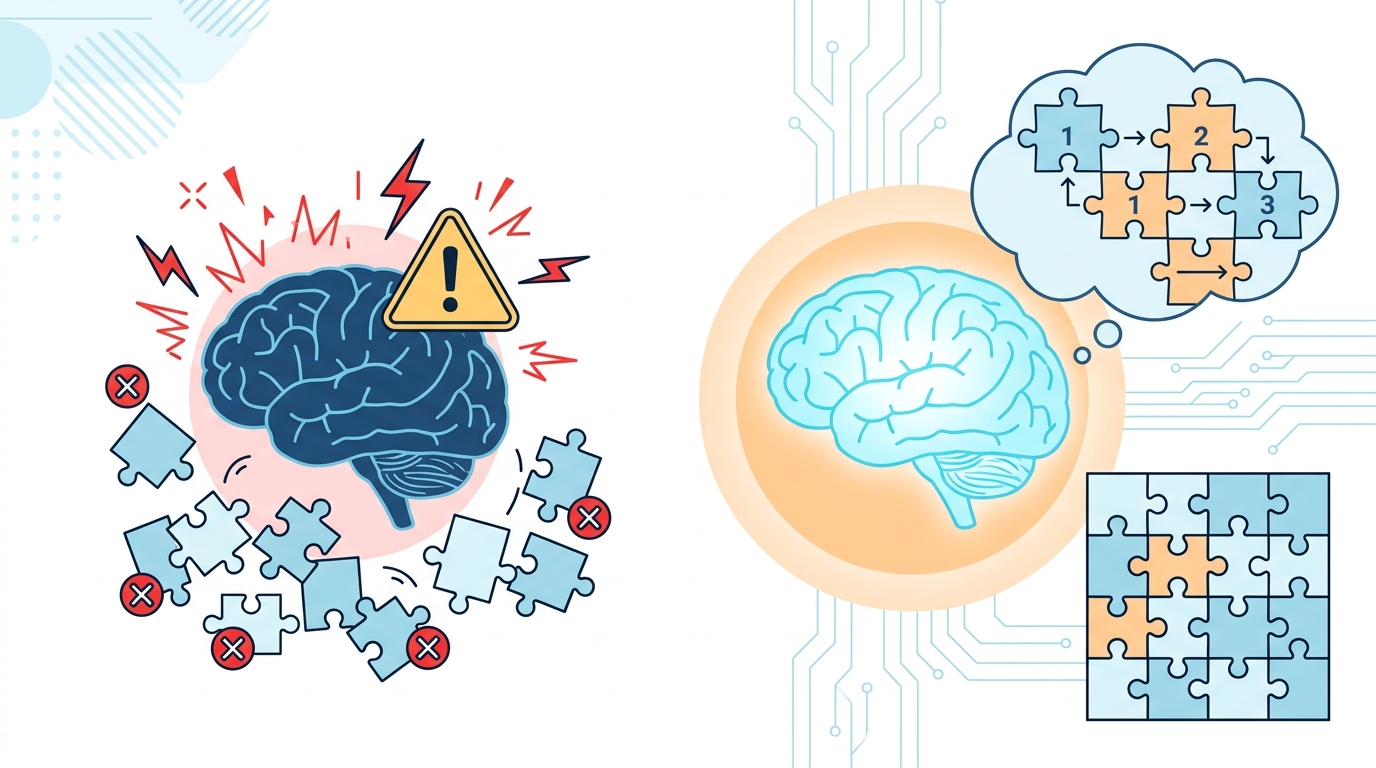 A conceptual illustration contrasting two AI brains. On the left, a robotic brain acting impulsively with a warning sign and error symbols. On the right, a glowing robotic brain with a thought bubble filled with puzzle pieces and step-by-step logic, successfully assembling a puzzle. Minimalist tech aesthetic with light blue, soft orange, and red accent colors.